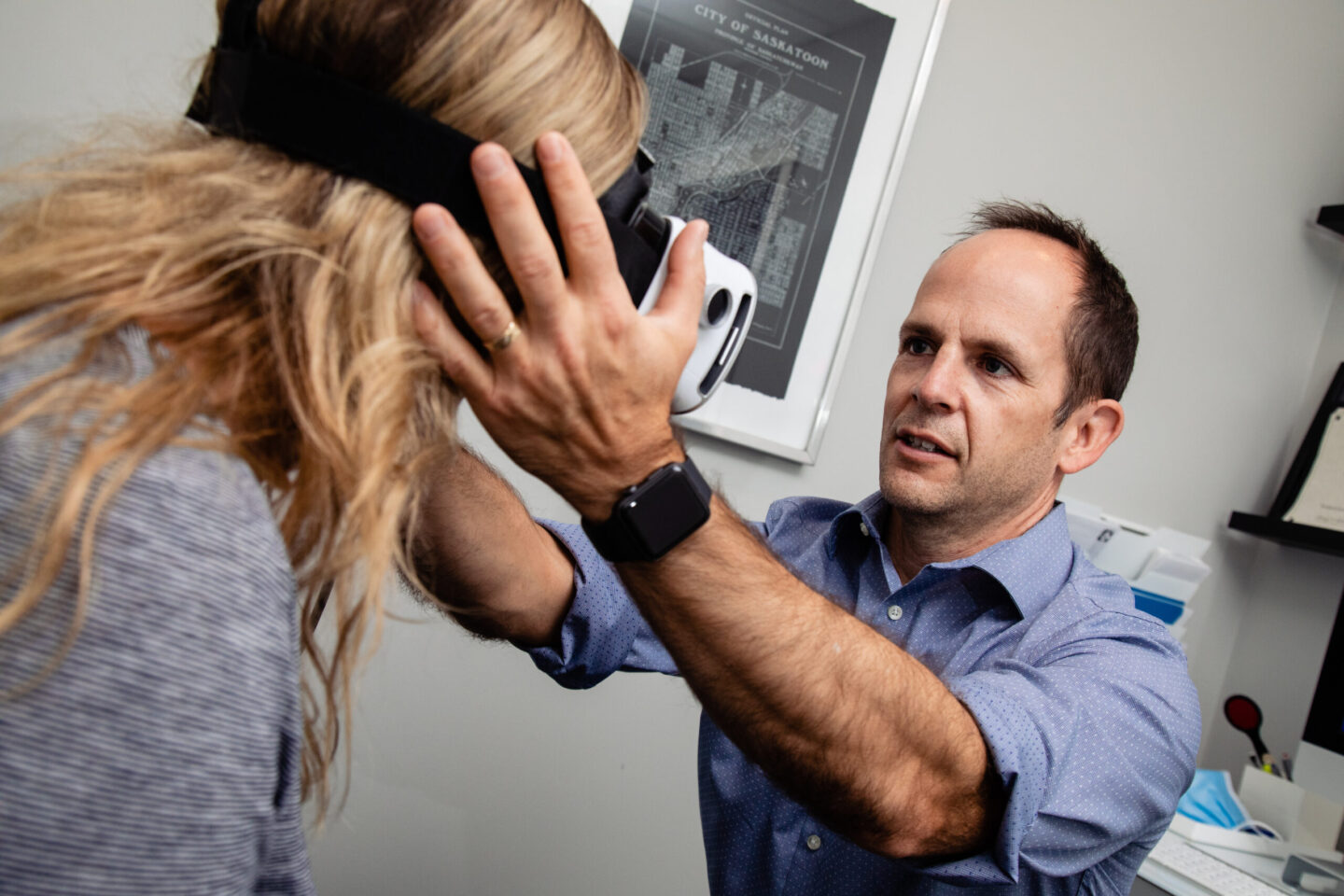 Kregg with infrared goggles Kregg a physiotherapist using VNG goggles on a client to begin a Vestibular Therapy Assessment and treatment.